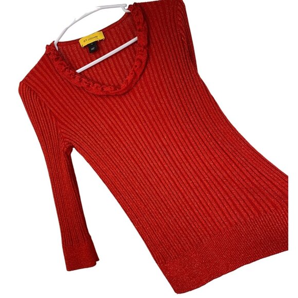 Retro St. John Womens Red Metallic Rib Knit V-Neck Sweater S GUC 7529 3/4 Slv - Picture 1 of 9
